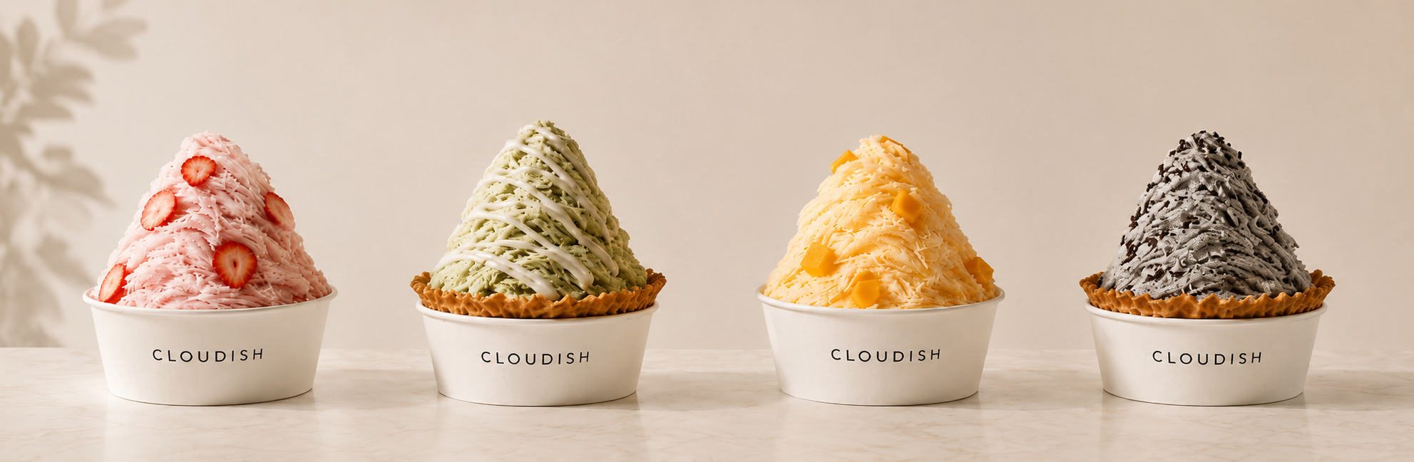 Cloudish flavors in a row — strawberry, matcha, black sesame, mango
