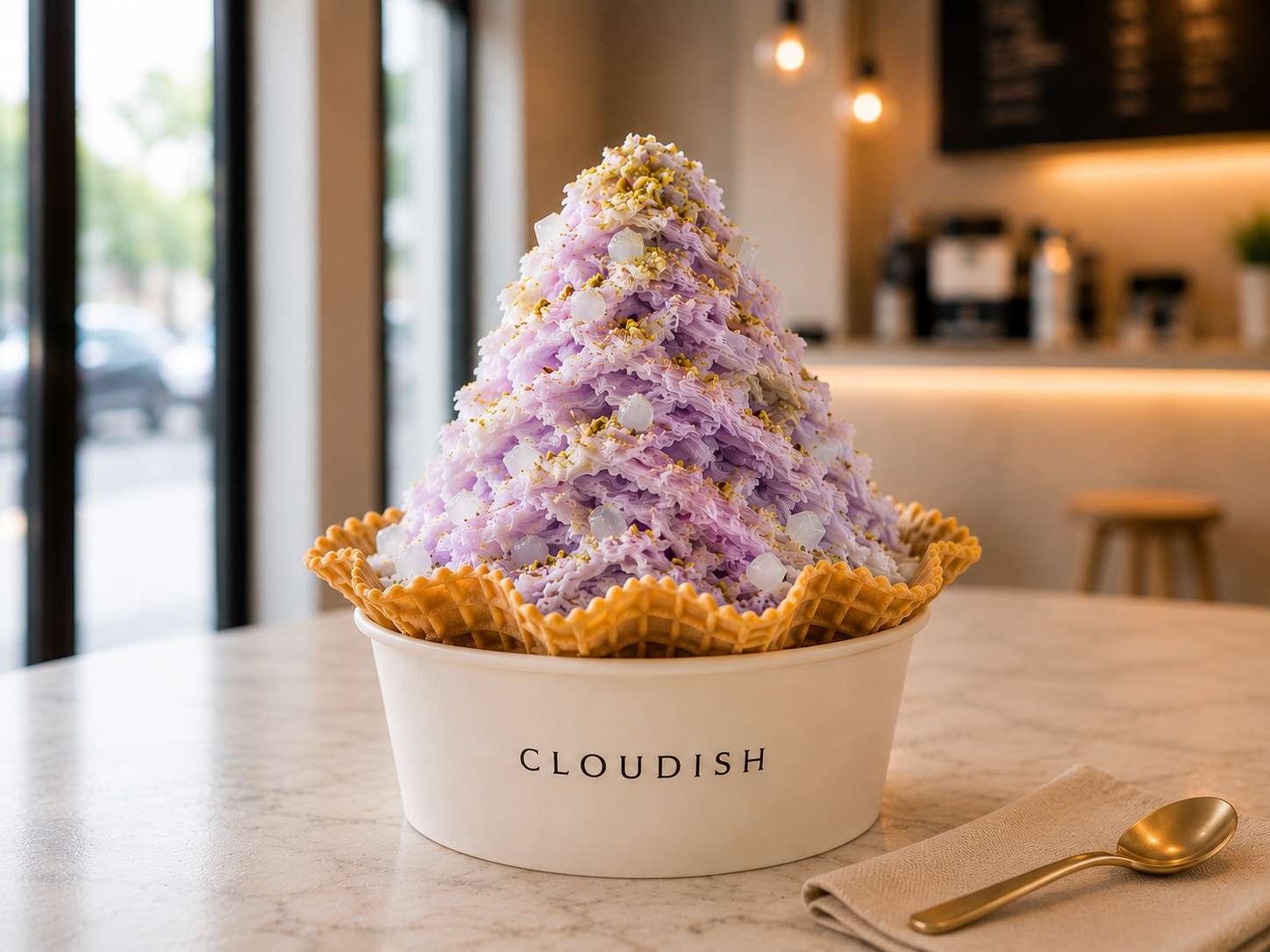 Cloudish ube shaved snow in a waffle bowl, topped with lychee jelly and pistachio dust
